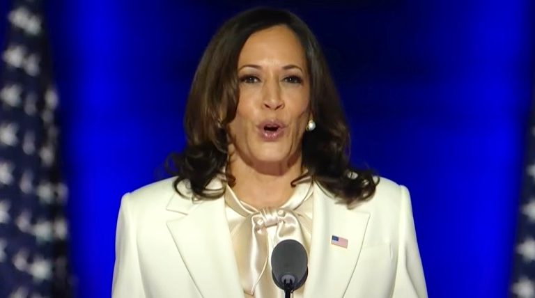 Kamala Harris világos blézerben beszél egy sötétkék és fekete-fehér pöttyös háttér előtt az egyesült államok kitűzőjét viselve elszántnak és boldognak tűni, vállig érő haja barna színű és hullámos