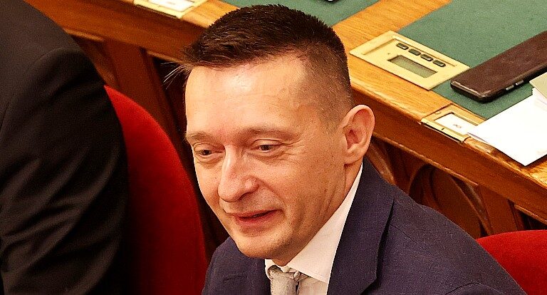Rogán Antal vörös bársonyszékben, kék zakóban, fehér ingben és szürke nyakkendőben ül a parlamentben, és furcsa fejet vág.