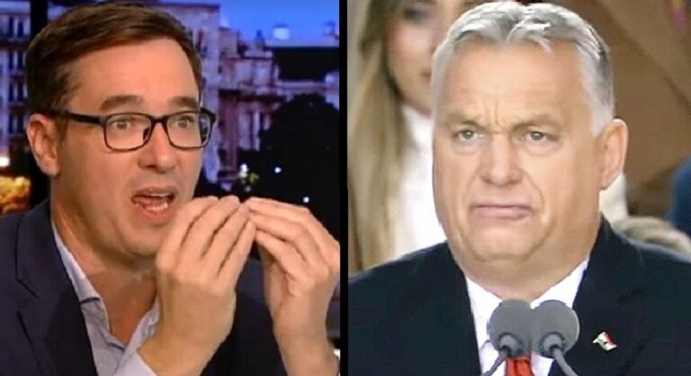 Karácsony Gergeéy indulatosan magyaráz szemüvegben a kép jobb oldalán, Orbán idegesen beszél a képernyő jobb oldalán. Mindketten öltönyben vannak.