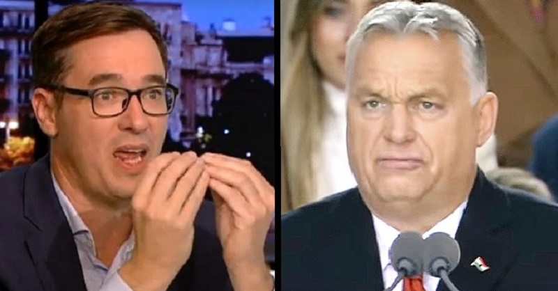 Karácsony Gergeéy indulatosan magyaráz szemüvegben a kép jobb oldalán, Orbán idegesen beszél a képernyő jobb oldalán. Mindketten öltönyben vannak.