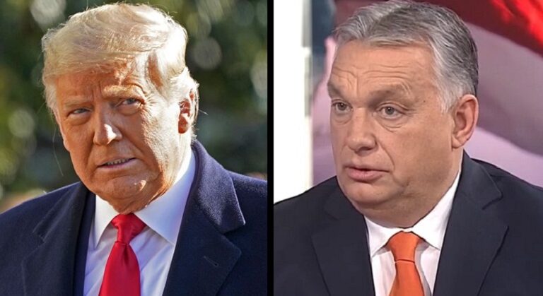 Donald Trump és Orbán Viktor sötét öltönyben, fehér ingben, nyakkendőben