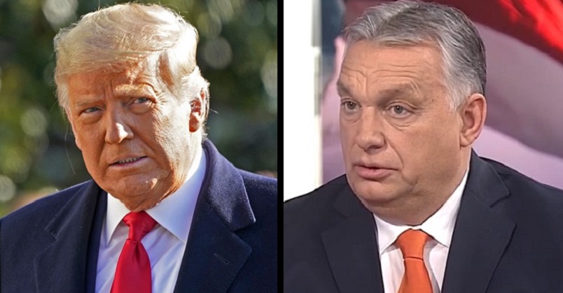Donald Trump és Orbán Viktor sötét öltönyben, fehér ingben, nyakkendőben