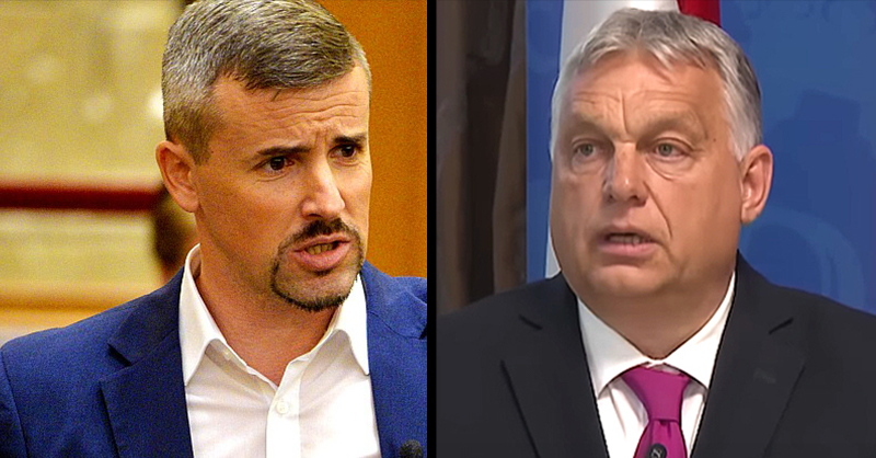 Jakab Péter kék öltönyben, fehér ingben, Orbán Viktor fehér ingben, fekete öltönyben, lila nyakkendőben