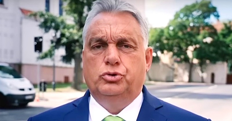 Orbán Viktor kék zakóban, fehér ingben, zöld nyakkendőben, ráncos homlokkal beszél a kamerába. Mögötte zöld lombú fák láthatók.