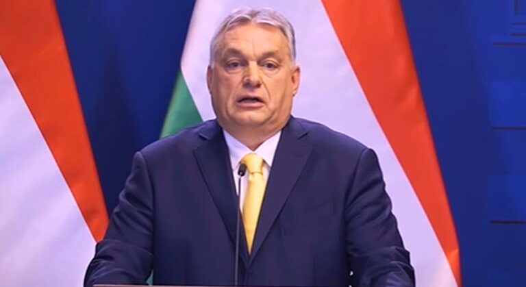 Orbán Viktor sötét zakóban zászlók előtt beszél és különös arcot vág