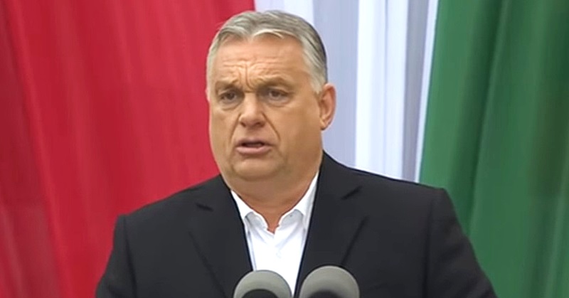 Orbán Viktor magyar zászló előtt gondterhelten beszél a mikrofonba. Haja ősz, homloka ráncos. Fekete zakót és fehér inget visel a képen.
