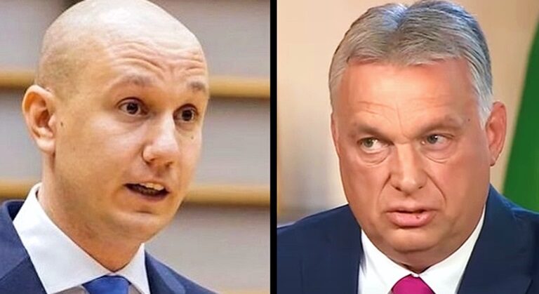 Rónai Sándor és Orbán Viktor egymással farkasszemet néznek öltönyben, fehér ingben és nyakkendőben.