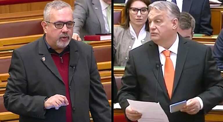 Arató Gergely és Orbán Viktor öltönyben nyakkendőben a Parlamentben