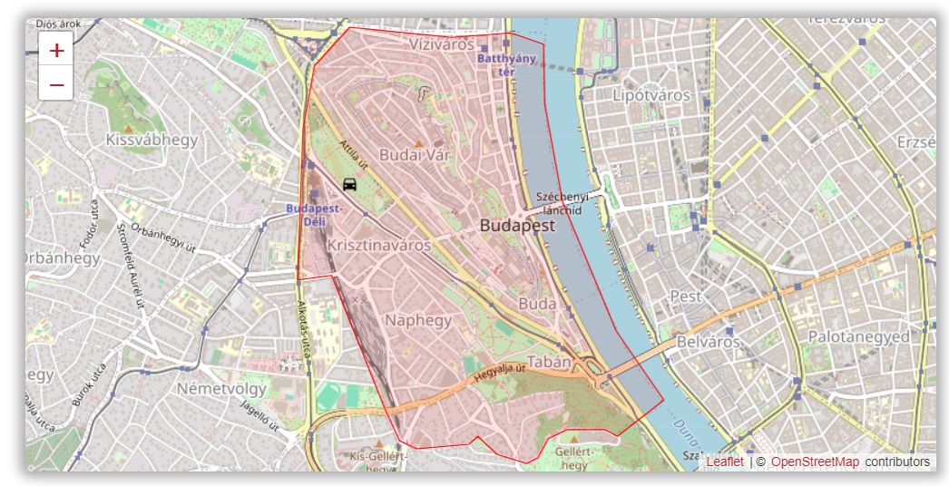 Térkép a főváros, Budapest egy részéről kijelölve egy balesetben érintett területet