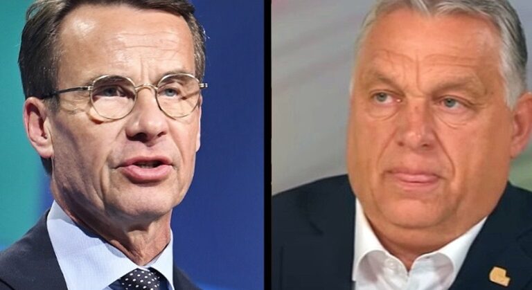 Ulf Kristersson zakóban és fehér ingben látható a képen, sötét színű nyakkendővel. Orbán Viktor fekete zakóban és fehér ingben, nyakkendő nélkül látható. Ez egy kollázs.