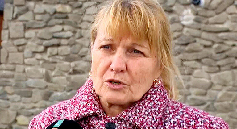 A képen Hegedűsné Bognár Katalin szőke hajjal egy kőfal előtt látható piros alapú fehér virágmintás kabátban. Szeme kék, arca meggyötört, fülében fülbevaló. Az RTL mikrofonjába beszél.