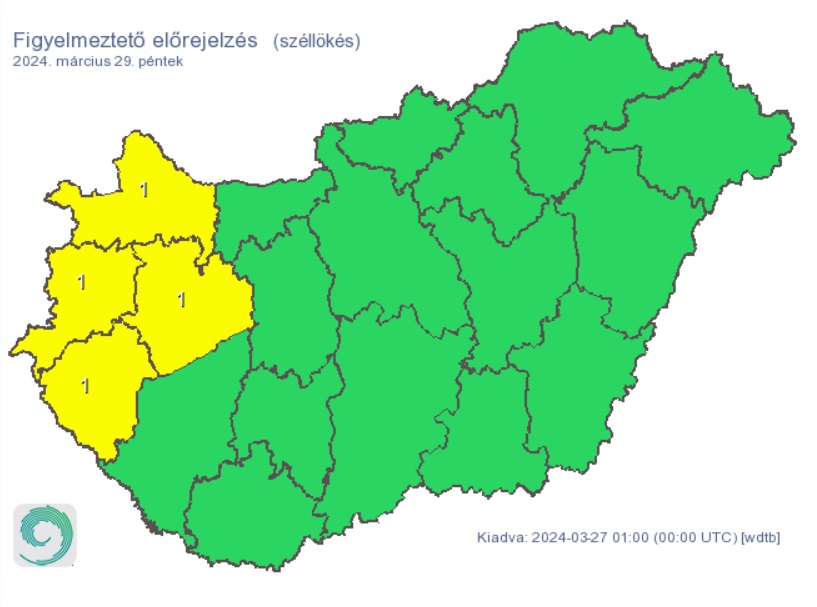 A HungaroMet figyelmeztető előrejelzése péntekre. Forrás: met.hu