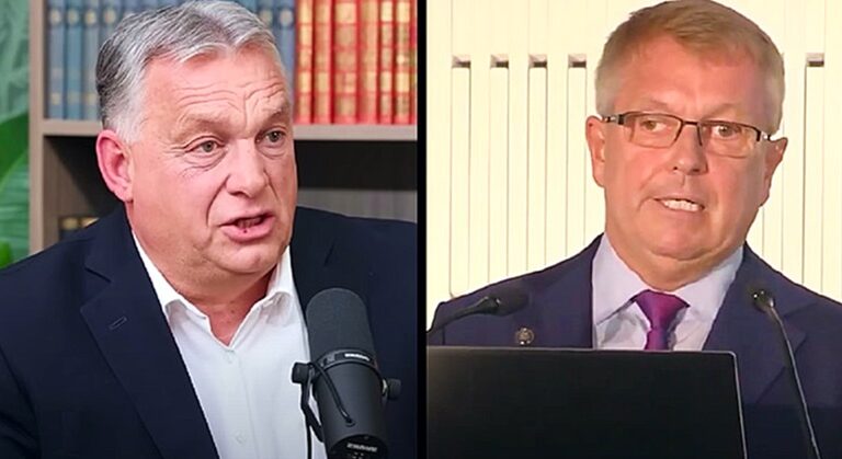 Orbán Viktor egy könyvespolc előtt, mikrofon előtt, fekete zakóban, fehér ingben interjút ad, Matolcsy György sötétkék zakóban rózsaszín ingben, lila nyakkendőben beszédet mond.