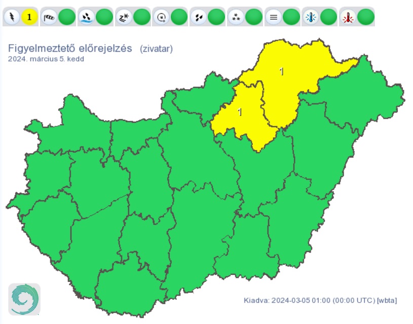 A HungaroMet figyelmeztető előrejelzése keddre, egy térkép Magyarországról zöld és citromsárga színekkel