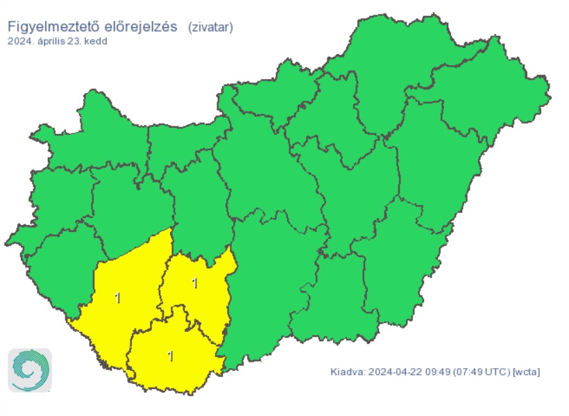 A HungaroMet figyelmeztető előrejelzése keddre. Forrás: met.hu.