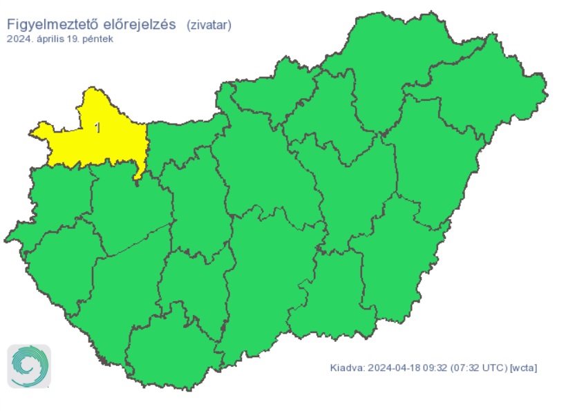 A HungaroMet figyelmeztető előrejelzése péntekre, térkép, vármegye, megye, meteorológia, időjárás, időjárás-előrejelzés