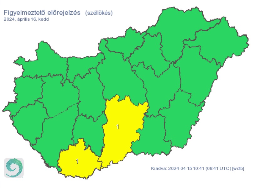 A HungaroMet figyelmeztető előrejelzése szélre, térkép, időjárás, időjárás-előrejelzés