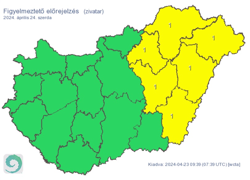 A HungaroMet figyelmeztető előrejelzése szerdára, térkép, időjárás-előrejelzés