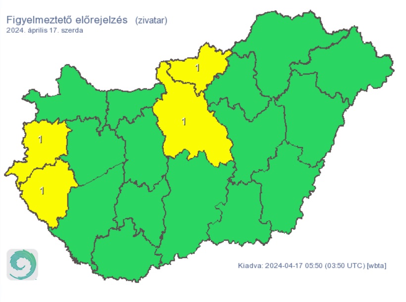 A HungaroMet figyelmeztető előrejelzése szerdára, térkép, időjárás, időjárás-előrejelzés