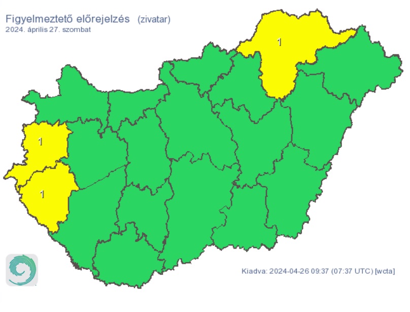 A HungaroMet figyelmeztető előrejelzése szombatra, térkép, eső, zápor, zivatar, időjárás-előrejelzés