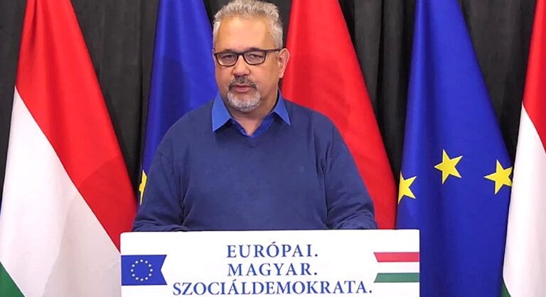 Arató Gergely, magyar zászló, EU-s zászló, kék pulóver