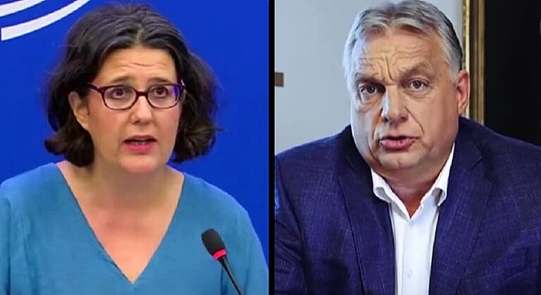 Gwendoline Delbos-Corfield és Orbán Viktor, kék blúz, kék öltöny, fehér ing