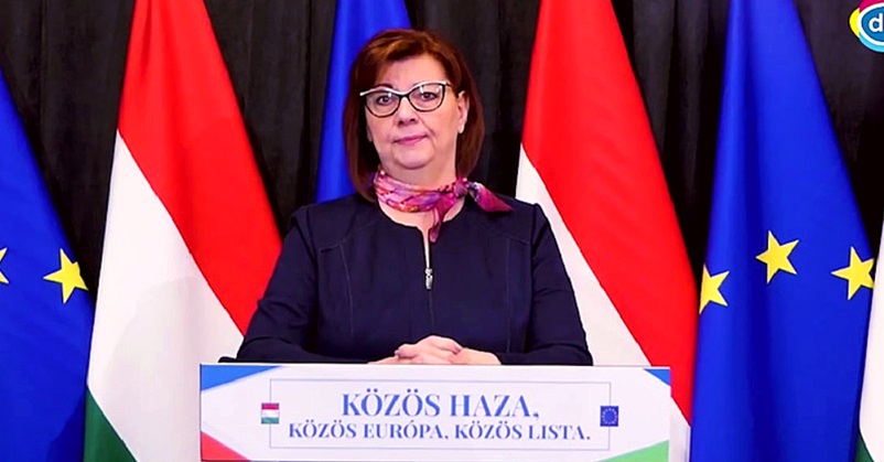 Gy. Németh Erzsébet, magyar zászló, EU-s zászló, sötétkék ruha