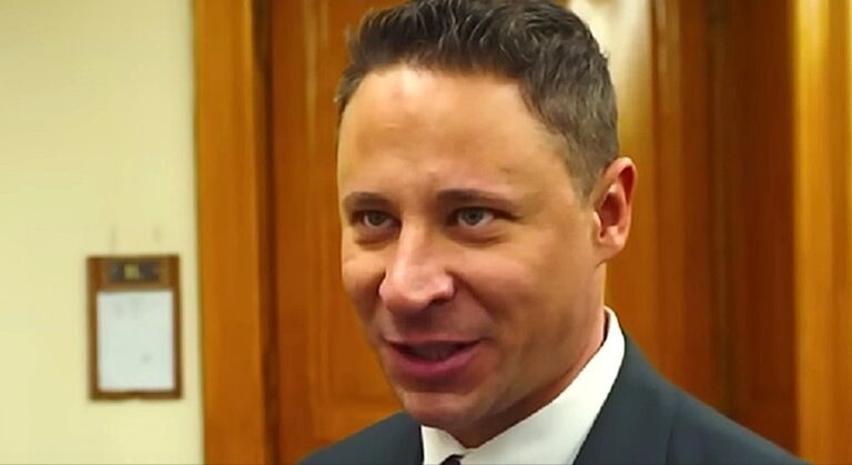 Schadl György szürke zakóban, fehér ingben, ideges tekintettel balra néz.