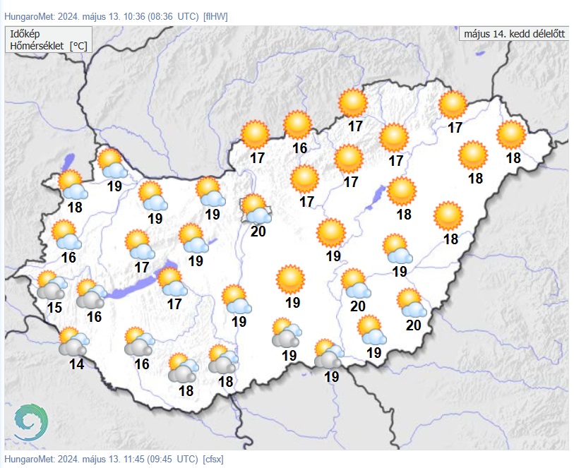 A HungaroMet előrejelzése keddre. Forrás: met.hu, időjárás-előrejelzés, tavasz, csapadék, eső