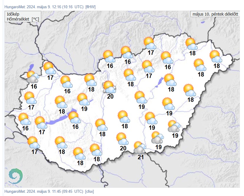 A HungaroMet előrejelzése péntekre. Forrás: met.hu