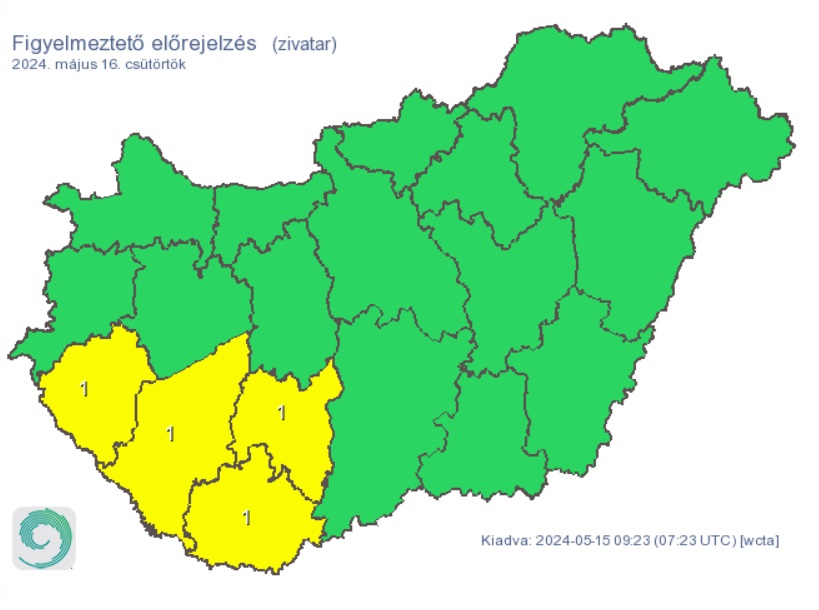 A HungaroMet figyelmeztető előrejelzése csütörtökre. Forrás: met.hu