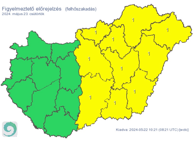 A HungaroMet figyelmeztető előrejelzése csütörtökre a heves szél miatt. Forrás: met.hu