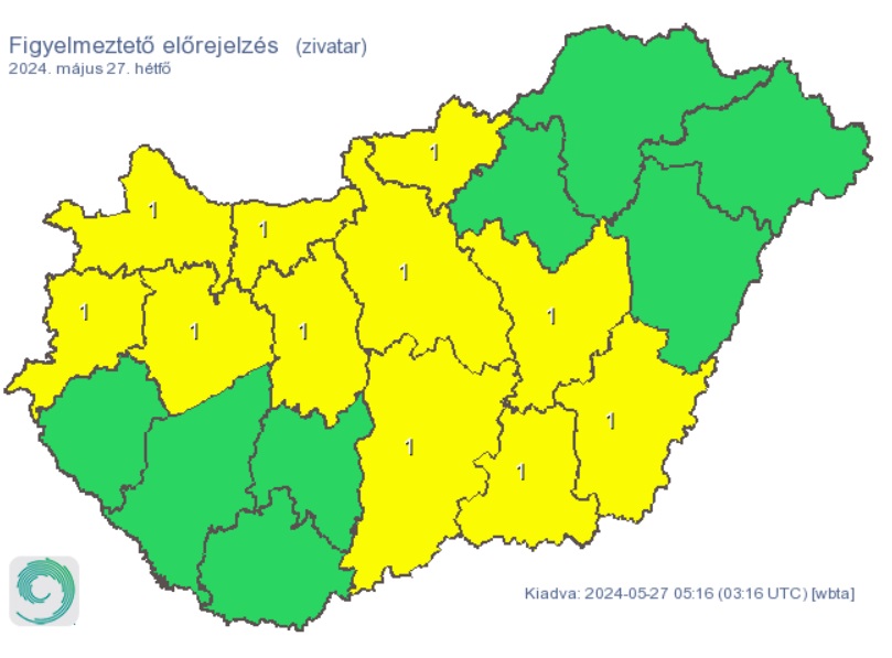 A HungaroMet figyelmeztető előrejelzése hétfőre, időjárás, időjárás-előrejelzés, szél, eső, csapadék, zivatar, zápor
