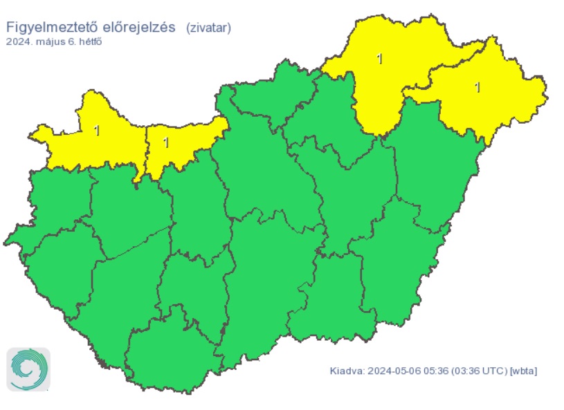 A HungaroMet figyelmeztető előrejelzése hétfőre. Forrás: met.hu