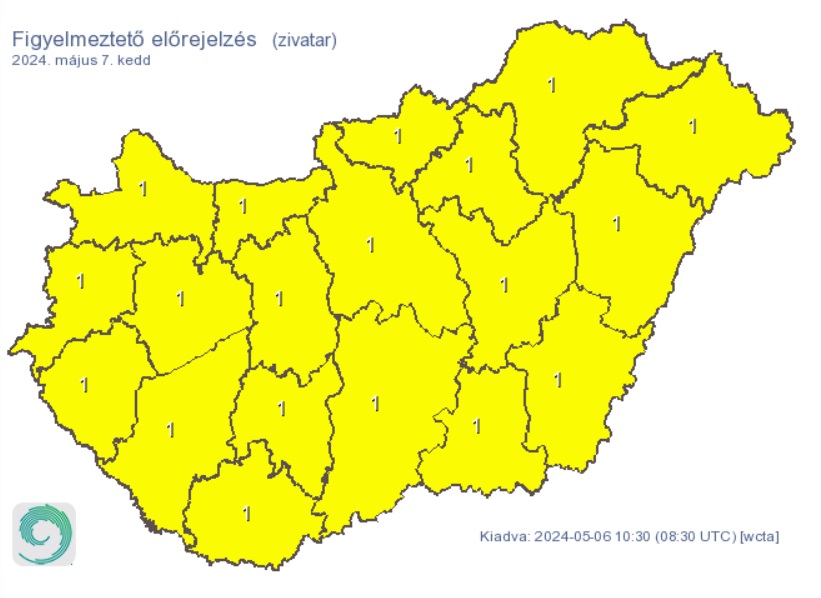 A HungaroMet figyelmeztető előrejelzése keddre. Forrás: met.hu