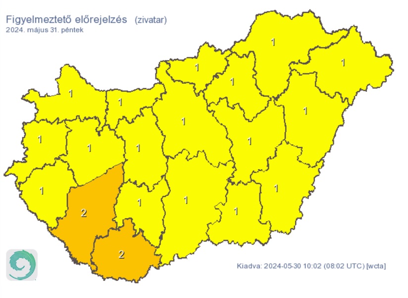 A HungaroMet figyelmeztető előrejelzése péntekre. Forrás: met.hu