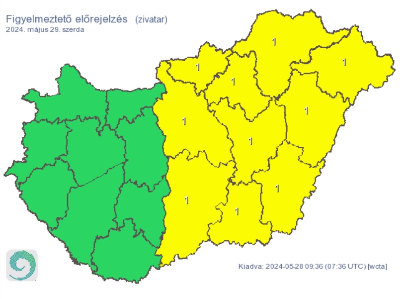 A HungaroMet figyelmeztető előrejelzése szerdára. Forrás: met.hu