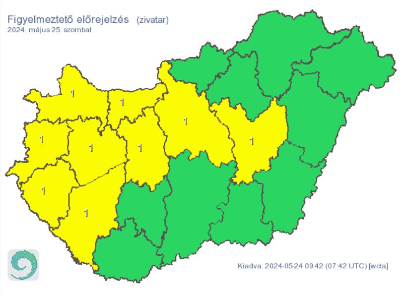 A HungaroMet figyelmeztető előrejelzése szombatra. Forrás met.hu