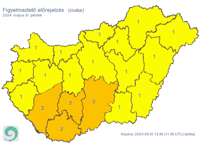 A HungaroMet figyelmeztető előrejelzése szombatra. Forrás: met.hu