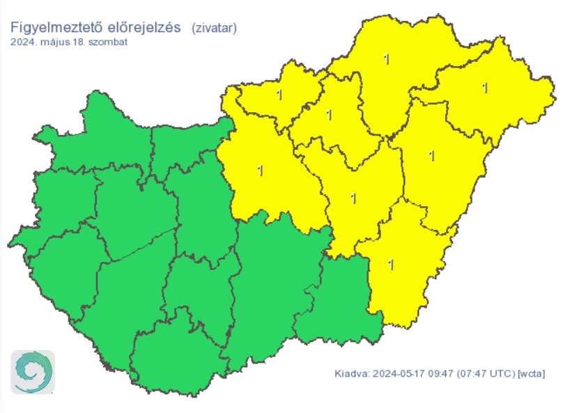 A HungaroMet figyelmeztető előrejelzése szombatra. Forrás: met.hu