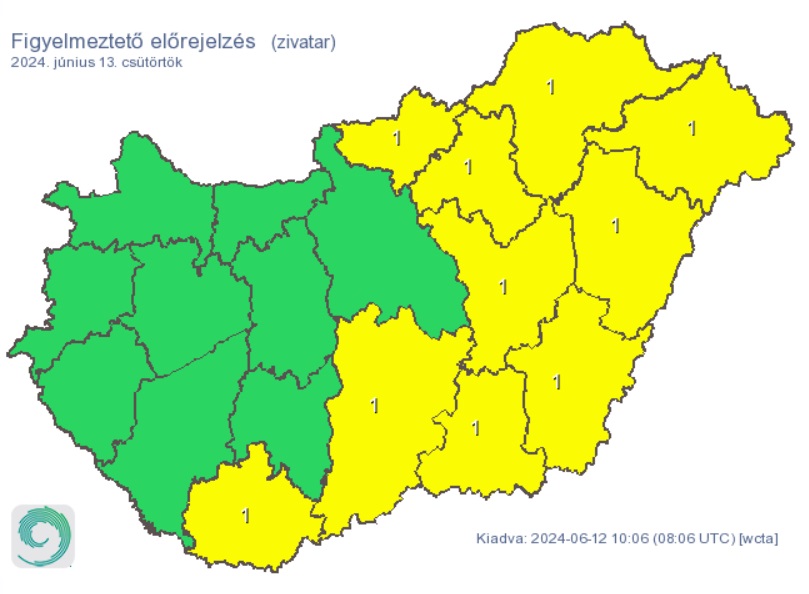 A HungaroMet figyelmeztető előrejelzése csütörtökre. Forrás: met.hu