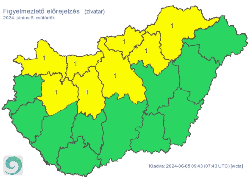A HungaroMet figyelmeztető előrejelzése csütörtökre. Forrás: met.hu