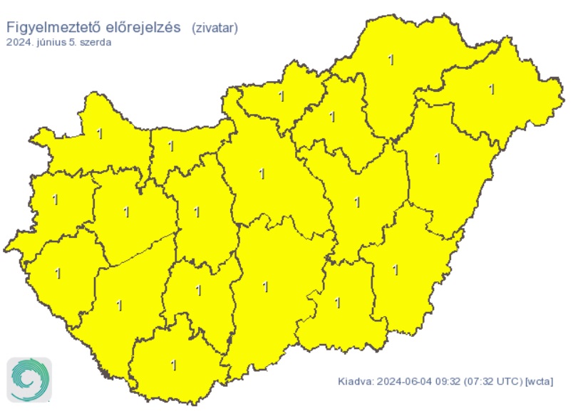 A HungaroMet figyelmeztető előrejelzése szerdára. Forrás: met.hu