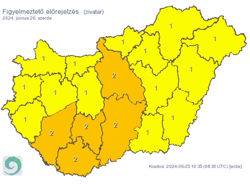 A HungaroMet figyelmeztető előrejelzése szerdára. Forrás: met.hu