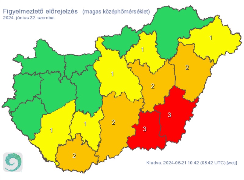 A HungaroMet figyelmeztető előrejelzése szombatra a hőség miatt. Forrás: met.hu