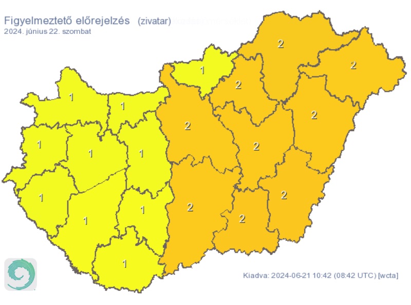 A HungaroMet figyelmeztető előrejelzése szombatra a zivatarok miatt. Forrás: met.hu