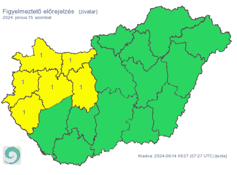 A HungaroMet figyelmeztető előrejelzése szombatra. Forrás: met.hu.