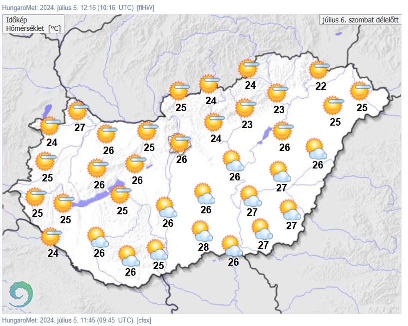 A HungaroMet előrejelzése szombatra. Forrás: met.hu