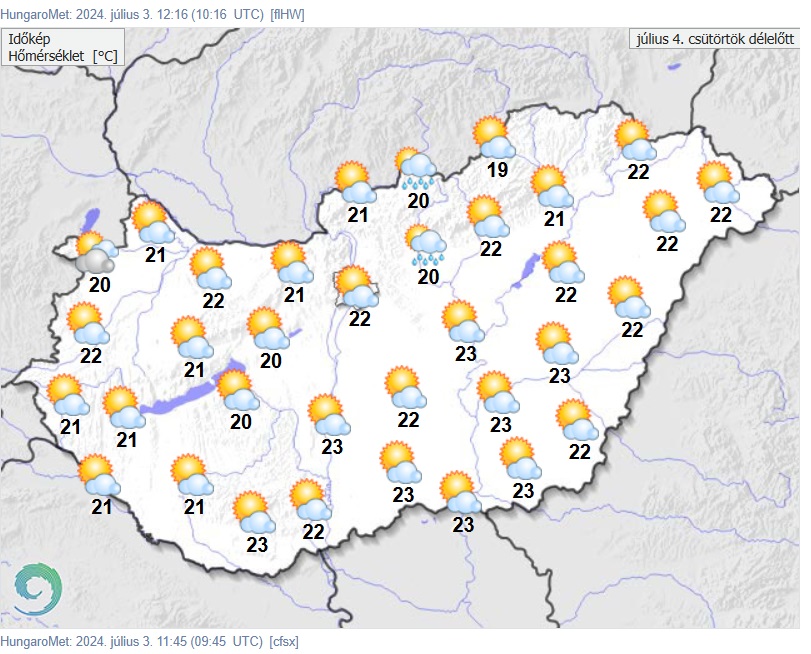 A HungaroMet időjárás-előrejelzése csütörtökre. Forrás: met.hu