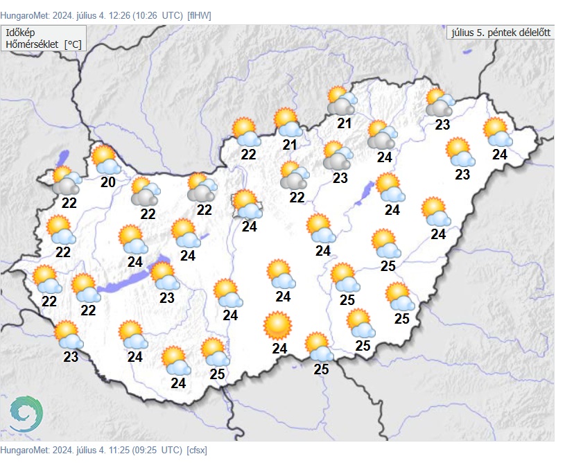 A HungaroMet időjárás-előrejelzése péntekre. Forrás: met.hu